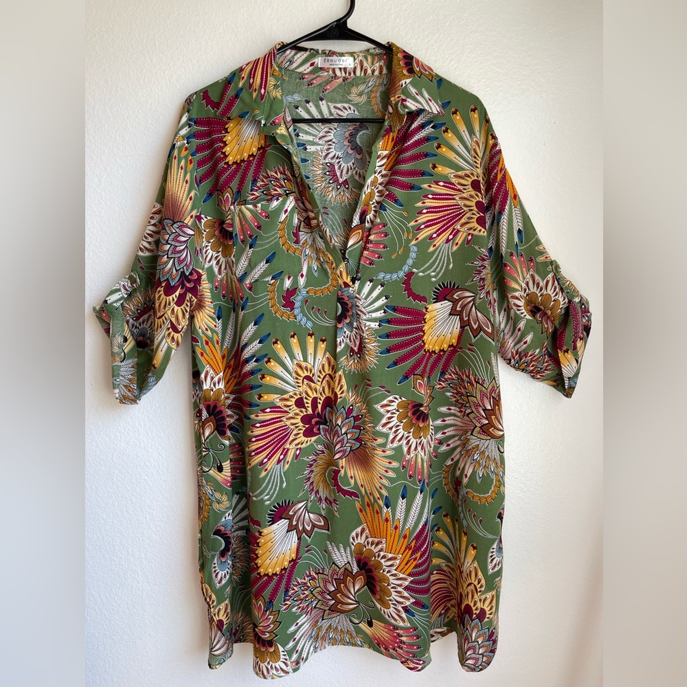 Ekouaer Emerald Green Floral Print Button-Up Top Size XL